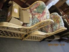 PAIR OF BAMBOO CONSERVATORY CHAIRS WITH FLORAL UPHOLSTERED SEATS