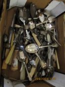 BOX CONTAINING MIXED SILVER PLATED FLATWARES ETC