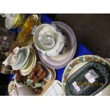 QUANTITY OF MIXED CHINA WARES, TEA POT, DECORATIVE PLATES, TUREEN ETC