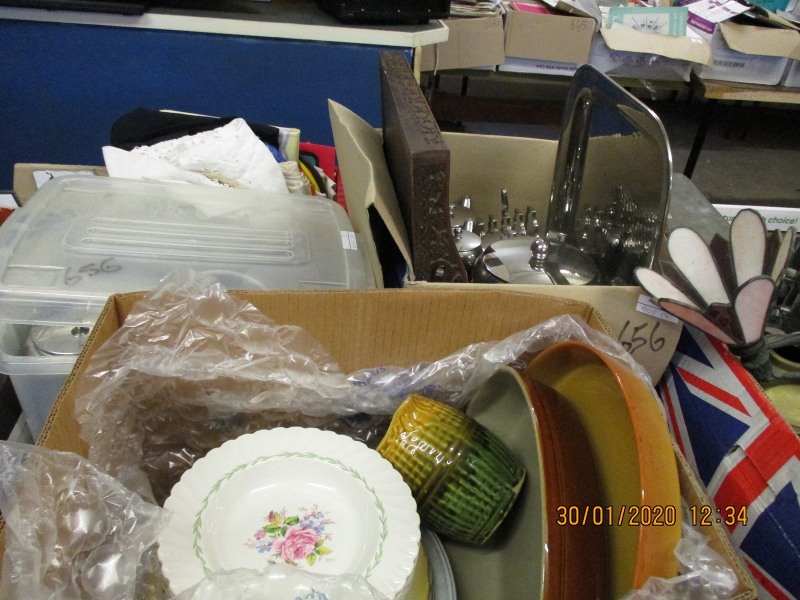 THREE BOXES OF MIXED CHINA WARES, STAINLESS STEEL TEA WARES, LINEN ETC (3)