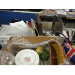 THREE BOXES OF MIXED CHINA WARES, STAINLESS STEEL TEA WARES, LINEN ETC (3)