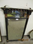 REGENCY BLACK AND GILT PIER MIRROR WITH REVERSE PAINTED GLASS PANEL