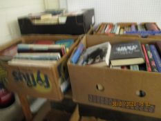 FIVE BOXES OF MIXED BOOKS ETC