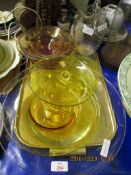 TRAY CONTAINING DECORATIVE GLASS BOWLS, AMBER GLASS VASE, POLKA DOT JUG ETC