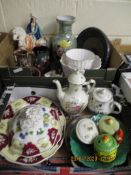 TWO BOXES CONTAINING A STAFFORDSHIRE FIGURE, TEA POTS, MIXED CHINA WARES, STUDIO POTTERY DISH ETC (