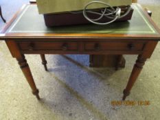 VICTORIAN GREEN LEATHER TOPPED AND TOOLED SIDE TABLE WITH TWO DRAWERS WITH TURNED LEGS