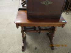 EDWARDIAN MAHOGANY SIDE TABLE WITH SHAPED PLANK ENDS AND TURNED SUPPORTS