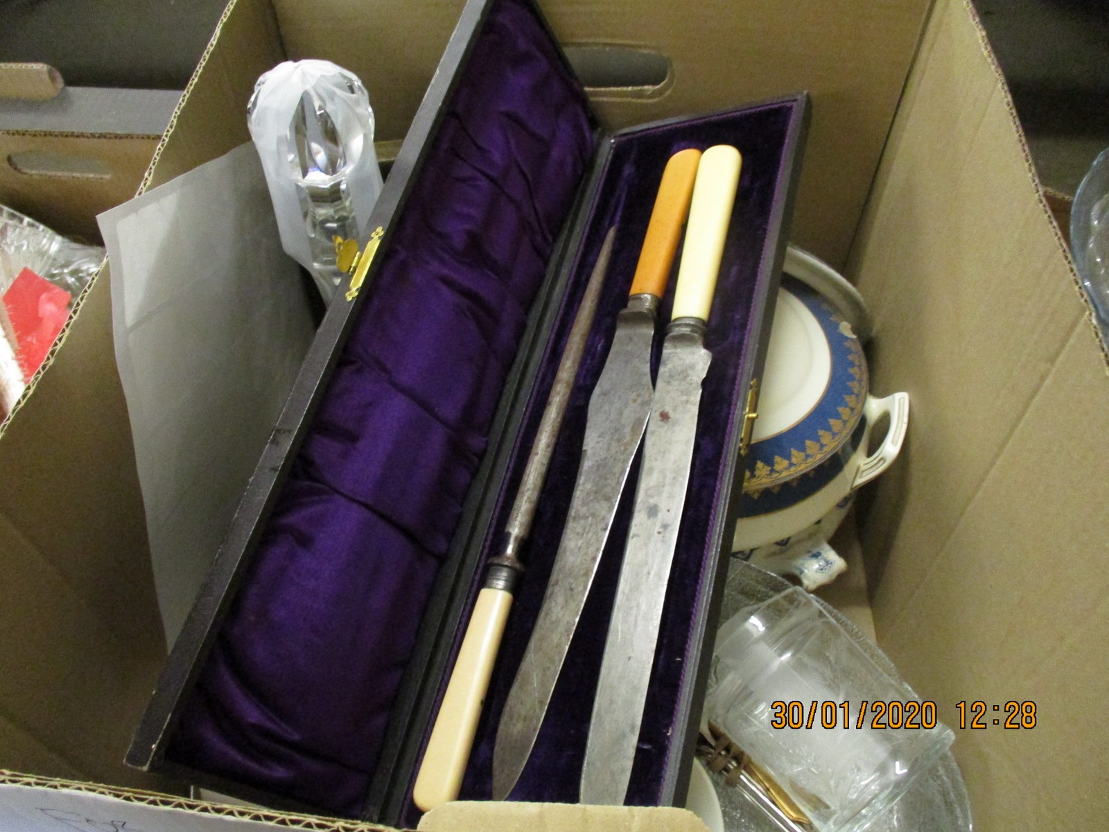 BOX OF BONE HANDLED CARVING SET, MIXED CHINA WARES ETC