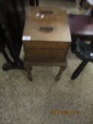 MID-20TH CENTURY OAK FRAMED CONCERTINA SEWING BOX AND STAND