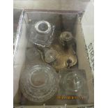 BOX CONTAINING MIXED GLASS AND SPELTER INK WELLS ETC