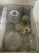 BOX CONTAINING MIXED GLASS AND SPELTER INK WELLS ETC