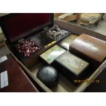 WALNUT AND BRASS MOUNTED BOX, ASSORTED PAPIER MACHE BOXES, ETC (6)