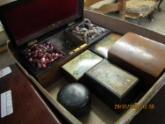 WALNUT AND BRASS MOUNTED BOX, ASSORTED PAPIER MACHE BOXES, ETC (6)