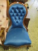 BLUE SILK UPHOLSTERED NURSING CHAIR WITH CABRIOLE FRONT LEGS