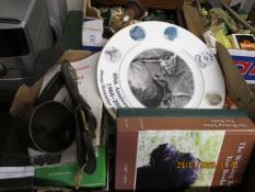 BOX CONTAINING MIXED COLLECTORS PLATES, DOG RELATED BOOKS, BRASS BELL ETC