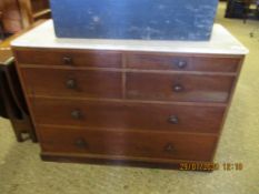 VICTORIAN MAHOGANY MARBLE TOP CHEST OF SIX DRAWERS WITH TURNED KNOB HANDLES WITH MARBLE TOP