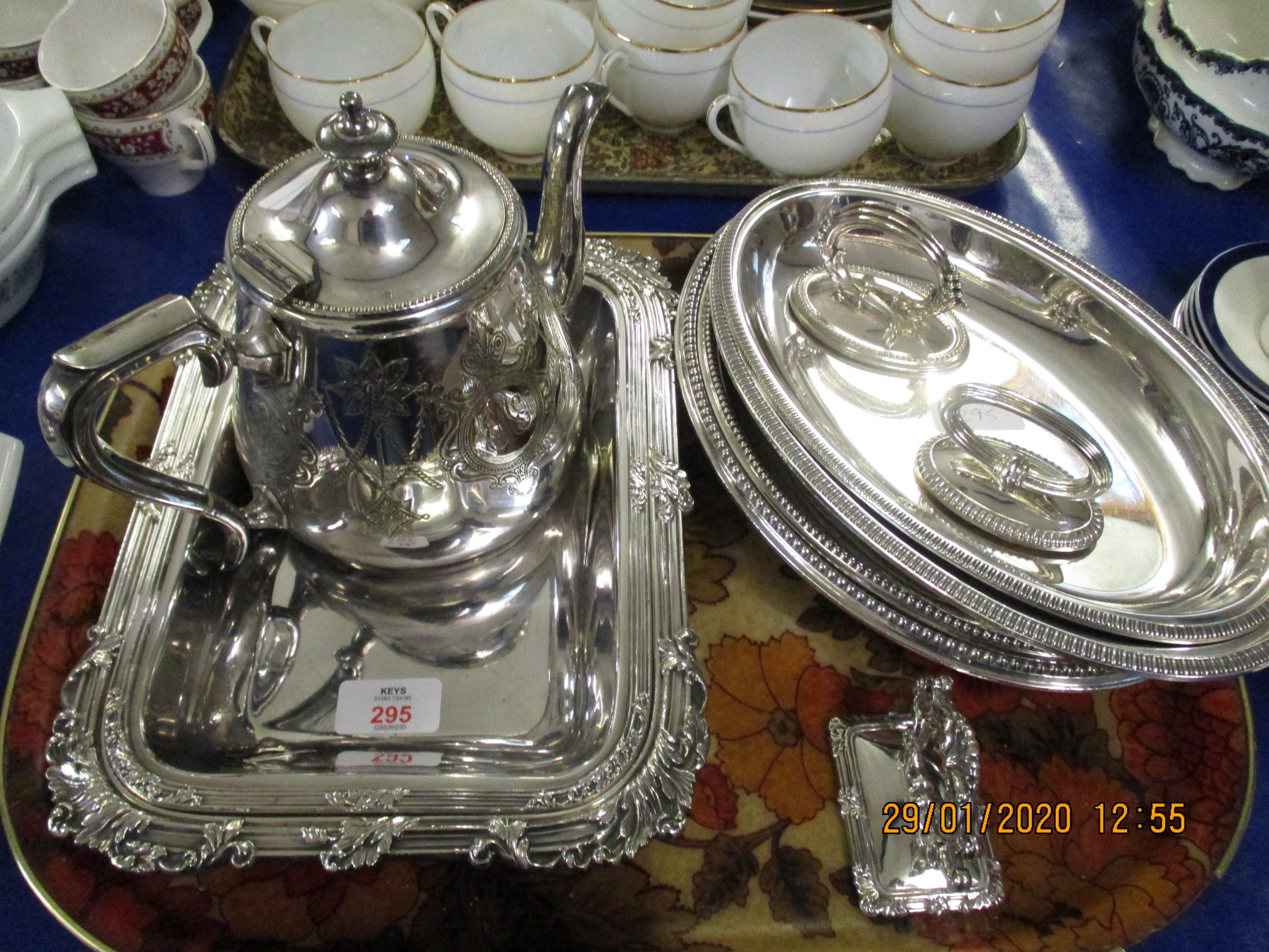 TRAY CONTAINING SILVER PLATED TEA POT, PAIR OF OVAL SILVER PLATED TUREENS ETC