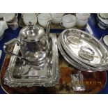 TRAY CONTAINING SILVER PLATED TEA POT, PAIR OF OVAL SILVER PLATED TUREENS ETC