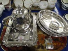 TRAY CONTAINING SILVER PLATED TEA POT, PAIR OF OVAL SILVER PLATED TUREENS ETC