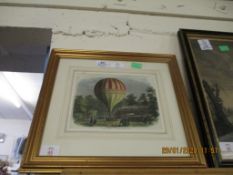 ANTIQUE HAND COLOURED BOOK PLATE "BALLOON ASCENT AT VAUXHALL GARDENS 1849", 16 X 21CM