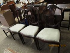 SET OF THREE REPRODUCTION MAHOGANY SHIELD BACK DINING CHAIRS WITH TAPERING SQUARE SPADE FEET AND