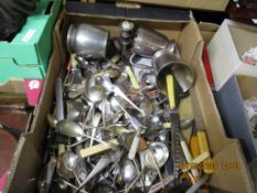 BOX CONTAINING A LARGE QUANTITY OF SILVER PLATED FLATWARES, PEWTER TANKARDS ETC