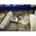 TWO BOXES OF MIXED GLASS WARES, VASES ETC