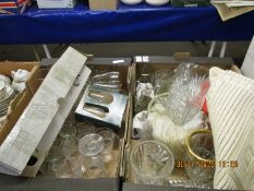 TWO BOXES OF MIXED GLASS WARES, VASES ETC