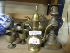 MINIATURE BRASS GOBLETS, TEA POT ETC