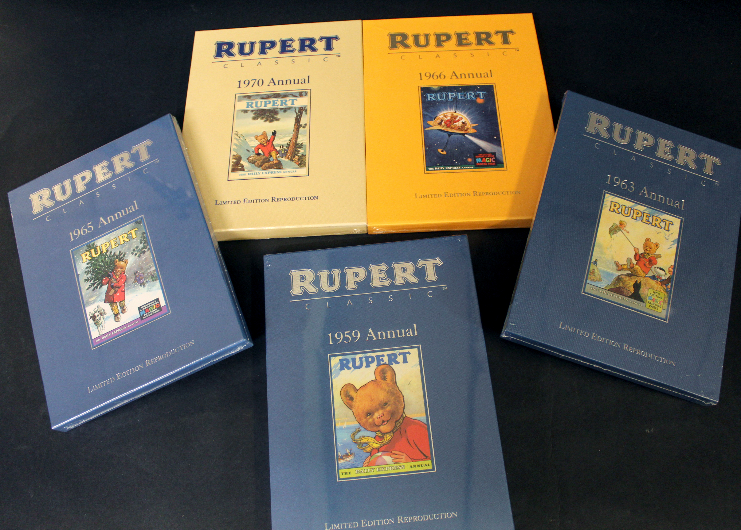 RUPERT, facsimile editions of 1959, 1963, 1965-66, 1970 annuals, all unopened with original shrink