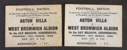 Two scarce soccer match tickets, Aston Villa v West Bromwich Albion at Gay Meadow, Shrewsbury,