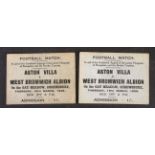 Two scarce soccer match tickets, Aston Villa v West Bromwich Albion at Gay Meadow, Shrewsbury,