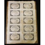 France Assignhas 1793 Cinque Livre bank note, uncut sheet of ten, series 13252, ten different