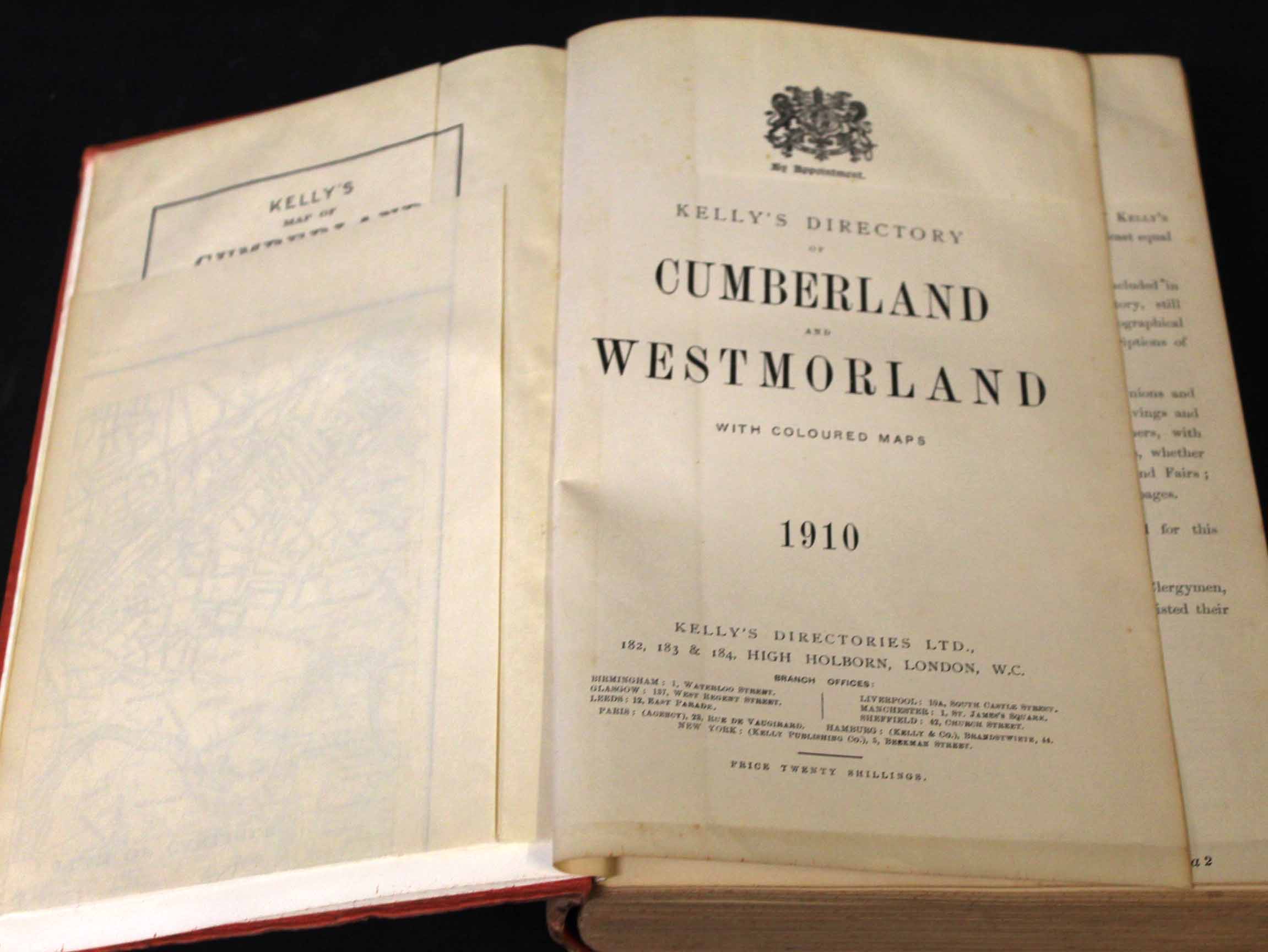 KELLY'S DIRECTORY OF CUMBERLAND AND WESTMORLAND, 1910, 2 folding maps, original blind stamped