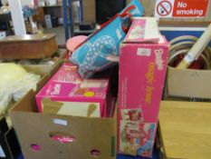 FOUR BOXES CONTAINING MIXED BOXED BARBIE FURNITURE, MAGIC HOUSE, MIXED BLUE AND WHITE CHINA WARES,