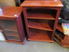 STAINED PINE SINGLE GLAZED DOOR MUSIC CABINET, AN ADJUSTABLE BOOKSHELF AND A TV CABINET (3)