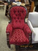 VICTORIAN MAHOGANY SPOON BACK ARMCHAIR WITH RED UPHOLSTERED SEAT AND BUTTON BACK