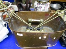 COPPER RECTANGULAR PAN WITH CAST IRON HANDLES TOGETHER WITH ANDIRONS AND FIRE DOGS