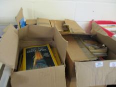 FOUR BOXES OF MIXED BOOKS TO INCLUDE NATIONAL GEOGRAPHIC MAGAZINES ETC