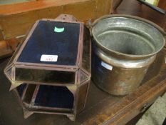 PIERCED COPPERED AND COLOURED GLASS LANTERN AND A FURTHER EASTERN COPPER SWING HANDLED BUCKET (2)