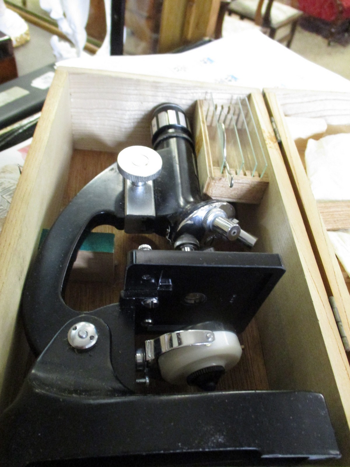 PINE CASED MODERN MICROSCOPE