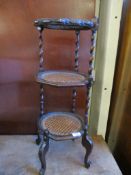 MID-20TH CENTURY OAK BARLEY TWIST SUPPORTED THREE TIER CAKE STAND WITH CANE TOP