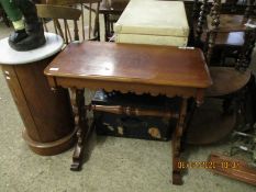 EDWARDIAN MAHOGANY SIDE TABLE WITH SHAPED PLANK ENDS AND TURNED SUPPORTS