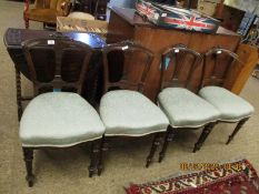 SET OF FOUR 19TH CENTURY MAHOGANY SPLAT BACK DINING CHAIRS WITH BLUE UPHOLSTERED SEAT AND TURNED