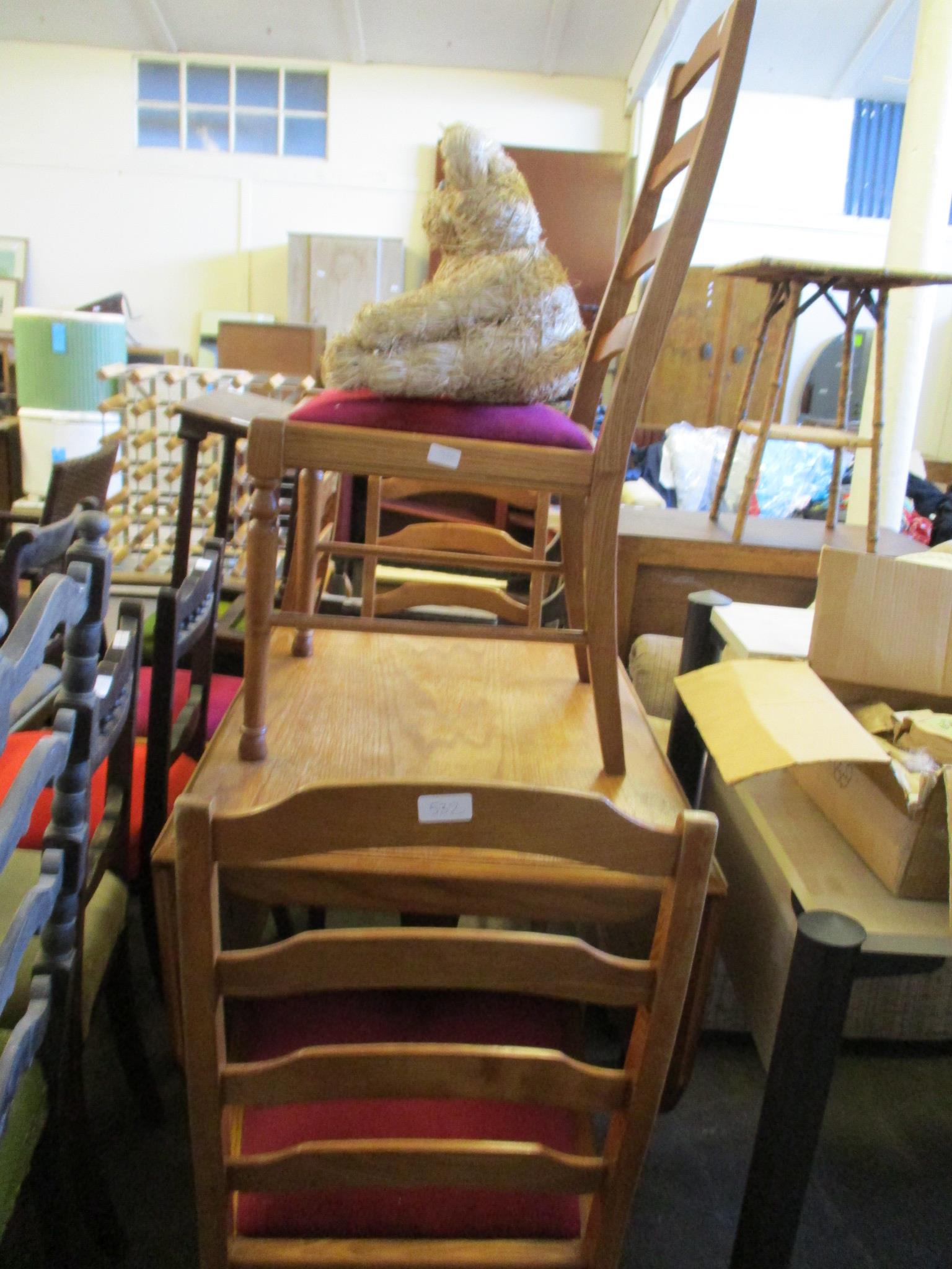 OAK EFFECT DROP LEAF SINGLE PEDESTAL TABLE AND FOUR LADDER BACK CHAIRS