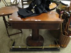 VICTORIAN MAHOGANY FOLD OVER CARD TABLE WITH CANTED COLUMN AND CIRCULAR BASE