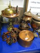 COPPER AND BRASS TABLE CENTREPIECE, TWO COPPER SAMOVARS, VICTORIAN PAN ETC
