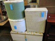 THREE WICKER LIFT UP TOP LAUNDRY BASKETS AND A FURTHER OTTOMAN (4)