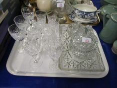 TRAY CONTAINING MIXED GLASS WARES, CUT GLASS ETC