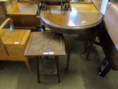 REPRODUCTION WALNUT DEMI-LUNE SIDE TABLE AND AN EDWARDIAN MAHOGANY FLORAL SQUARE TOP TWO TIER SIDE